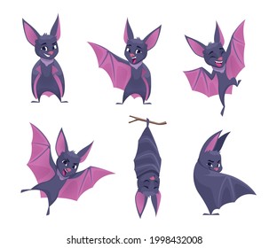 Bat. Night wild flying scary animals mouse vampire funny cute mammals with wings exact vector illustration set