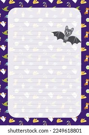 Bat. Note paper. Page. Halloween notebook sheet. Flat, cartoon. Isolated vector illustration eps 10