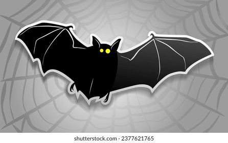 Bat on a background of cobwebs. Sticker. Print design. Cute Halloween bat vampire icon.