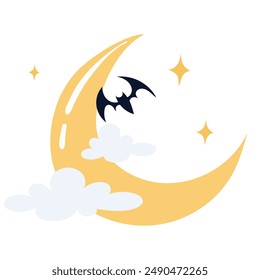 Bat on the background of the moon and clouds in flat vector style. Young moon with clouds and stars isolated on white background. Halloween mini illustration