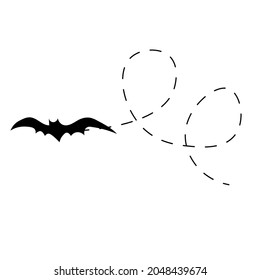 Bat on a dotted line route. Schwarze Silhouette. Vektorgrafik einzeln auf weißem Hintergrund.