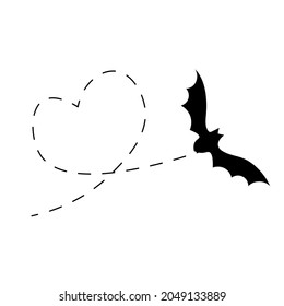 Bat on a dotted line route. Animal black silhouette. Vector isolated on white background.