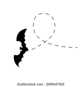 Bat on a dotted line route. Animal black silhouette. Vector isolated on white background.