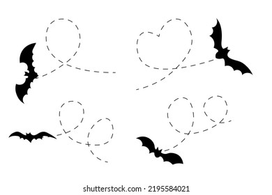 Bat on a dotted line route. Animal black silhouette. Vector isolated on white background.