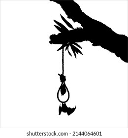 Murciélago en la Horca (Cuerda colgante) en el Árbol. Ilustración dramática, espeluznante, horrorosa, temerosa, misteriosa o espeluznante. Ilustración para película de terror o elemento de afiche de Halloween. Ilustración vectorial  