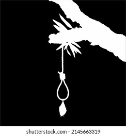Bat on the Gallows (Hanging Rope) on the Tree. Dramatic, Creepy, Horror, Scary, Mystery, or Spooky Illustration. Illustration for Horror Movie or Halloween Poster Element. Vector Illustration  