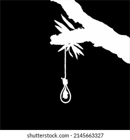 Bat on the Gallows (Hanging Rope) on the Tree. Dramatic, Creepy, Horror, Scary, Mystery, or Spooky Illustration. Illustration for Horror Movie or Halloween Poster Element. Vector Illustration  