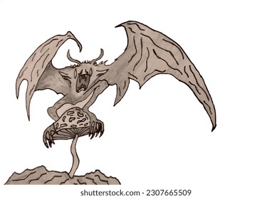 Bat On The Mushroom Vector Drawing