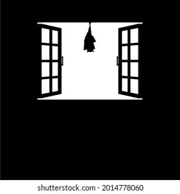 Bat on the Window Silhouette Illustration. Spooky, Creepy, Horror, Scary, Mystery, Dramatic, or Crime Illustration. Illustration for Horror Movie or Halloween Poster Element 