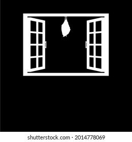 Bat on the Window Silhouette Illustration. Spooky, Creepy, Horror, Scary, Mystery, Dramatic, or Crime Illustration. Illustration for Horror Movie or Halloween Poster Element 