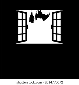 Bat on the Window Silhouette Illustration. Spooky, Creepy, Horror, Scary, Mystery, Dramatic, or Crime Illustration. Illustration for Horror Movie or Halloween Poster Element 
