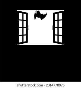 Bat on the Window Silhouette Illustration. Spooky, Creepy, Horror, Scary, Mystery, Dramatic, or Crime Illustration. Illustration for Horror Movie or Halloween Poster Element 