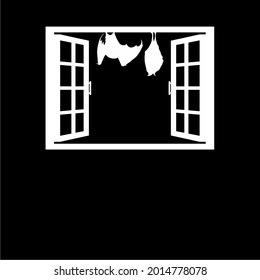 Bat on the Window Silhouette Illustration. Spooky, Creepy, Horror, Scary, Mystery, Dramatic, or Crime Illustration. Illustration for Horror Movie or Halloween Poster Element 