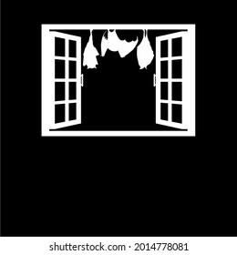Bat on the Window Silhouette Illustration. Spooky, Creepy, Horror, Scary, Mystery, Dramatic, or Crime Illustration. Illustration for Horror Movie or Halloween Poster Element 