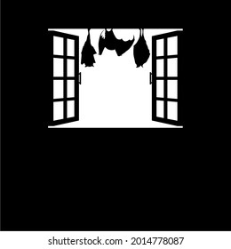 Bat on the Window Silhouette Illustration. Spooky, Creepy, Horror, Scary, Mystery, Dramatic, or Crime Illustration. Illustration for Horror Movie or Halloween Poster Element 