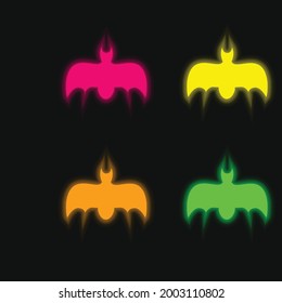 Bat With Open Wings four color glowing neon vector icon