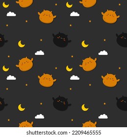 Bat orange black cartoon so cute.on cloud star moon black background.pattern seamless vector and illustration.