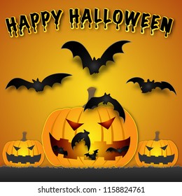 The bat out from evil pumpkin in the dark night background as happy festival day and party concept. vector illustration.
