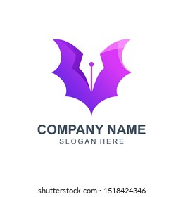 Bat with Pen Logo Design Vector Illustration