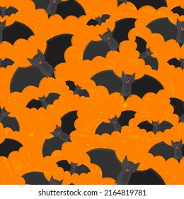 Bat print. Cute repeat bats on orange background. Seamless pattern with flying bat. Halloween illustration isolated on stylized dark background. Vector illustration