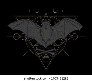 Bat print with geometric figures and bones and moons - occult t-shirt print