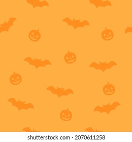 Bat and pumpkin halloween seamless patter with orange background. Scary vector illustration .