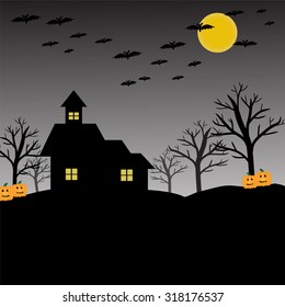 bat, pumpkin, house, moon and tree on black background for halloween concept