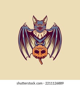 Ilustración Retro De Bat Y Calabaza