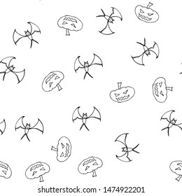 Bat and pumpkin seamless Halloween outline in the abstract style. Bats and pumpkins seamless pattern Halloween outline on white background. Holiday decoration. Line vector. Doodle wallpaper.