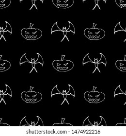 Bat and pumpkin seamless Halloween outline in the abstract style. Bats and pumpkins seamless pattern Halloween outline on black background. Holiday decoration. Line vector. Doodle wallpaper.