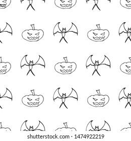 Bat and pumpkin seamless Halloween outline in the abstract style. Bats and pumpkins seamless pattern Halloween outline on white background. Holiday decoration. Line vector. Doodle wallpaper.