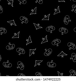 Bat and pumpkin seamless Halloween outline in the abstract style. Bats and pumpkins seamless pattern Halloween outline on black background. Holiday decoration. Line vector. Doodle wallpaper.