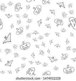 Bat and pumpkin seamless Halloween outline in the abstract style. Bats and pumpkins seamless pattern Halloween outline on white background. Holiday decoration. Line vector. Doodle wallpaper.