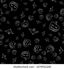 Bat and pumpkin seamless Halloween outline in the abstract style. Bats and pumpkins seamless pattern Halloween outline on black background. Holiday decoration. Line vector. Doodle wallpaper.