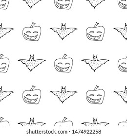 Bat and pumpkin seamless Halloween outline in the abstract style. Bats and pumpkins seamless pattern Halloween outline on white background. Holiday decoration. Line vector. Doodle wallpaper.