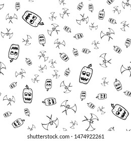 Bat and pumpkin seamless Halloween outline in the abstract style. Bats and pumpkins seamless pattern Halloween outline on white background. Holiday decoration. Line vector. Doodle wallpaper.