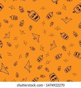 Bat and pumpkin seamless Halloween outline in the abstract style. Bats and pumpkins seamless pattern Halloween outline on black background. Holiday decoration. Line vector. Doodle wallpaper.