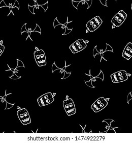 Bat and pumpkin seamless Halloween outline in the abstract style. Bats and pumpkins seamless pattern Halloween outline on black background. Holiday decoration. Line vector. Doodle wallpaper.