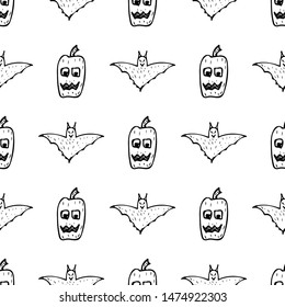 Bat and pumpkin seamless Halloween outline in the abstract style. Bats and pumpkins seamless pattern Halloween outline on white background. Holiday decoration. Line vector. Doodle wallpaper.