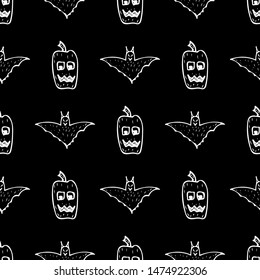 Bat and pumpkin seamless Halloween outline in the abstract style. Bats and pumpkins seamless pattern Halloween outline on black background. Holiday decoration. Line vector. Doodle wallpaper.