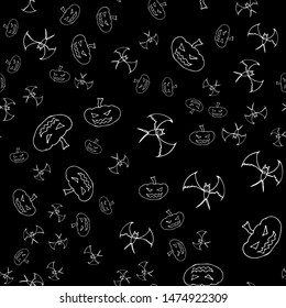 Bat and pumpkin seamless Halloween outline in the abstract style. Bats and pumpkins seamless pattern Halloween outline on black background. Holiday decoration. Line vector. Doodle wallpaper.