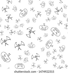 Bat and pumpkin seamless Halloween outline in the abstract style. Bats and pumpkins seamless pattern Halloween outline on white background. Holiday decoration. Line vector. Doodle wallpaper.