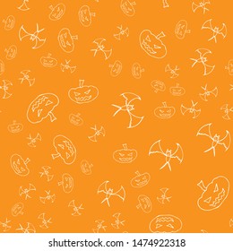 Bat and pumpkin seamless Halloween outline in the abstract style. Bats and pumpkins seamless pattern Halloween outline on black background. Holiday decoration. Line vector. Doodle wallpaper.