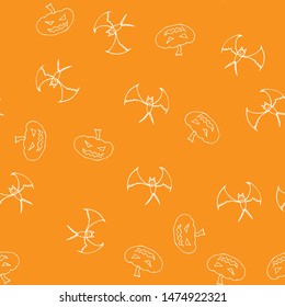 Bat and pumpkin seamless Halloween outline in the abstract style. Bats and pumpkins seamless pattern Halloween outline on black background. Holiday decoration. Line vector. Doodle wallpaper.