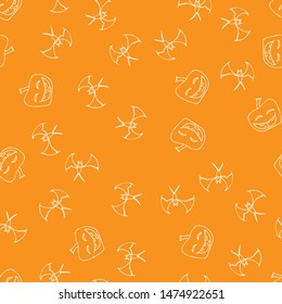 Bat and pumpkin seamless Halloween outline in the abstract style. Bats and pumpkins seamless pattern Halloween outline on black background. Holiday decoration. Line vector. Doodle wallpaper.