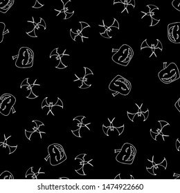 Bat and pumpkin seamless Halloween outline in the abstract style. Bats and pumpkins seamless pattern Halloween outline on black background. Holiday decoration. Line vector. Doodle wallpaper.