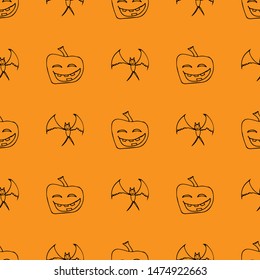 Bat and pumpkin seamless Halloween outline in the abstract style. Bats and pumpkins seamless pattern Halloween outline on black background. Holiday decoration. Line vector. Doodle wallpaper.