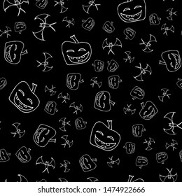 Bat and pumpkin seamless Halloween outline in the abstract style. Bats and pumpkins seamless pattern Halloween outline on black background. Holiday decoration. Line vector. Doodle wallpaper.
