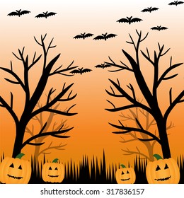 bat, pumpkin and tree on orange background for halloween concept