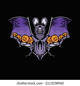 Bat with pumpkins hand drawn illustration